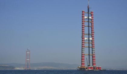 In this file photo taken on April 28, 2020 in Canakkale, Turkey, 78 percent of Canakkale 1915 Bridge towers are completed. (Burak Akay / AA)